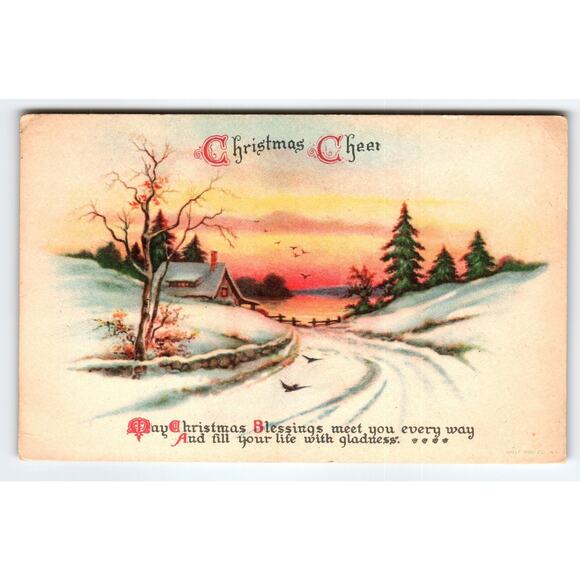 Vintage 1920 Christmas Cheer Snowy Cottage Postcard WOLF ADV Co. - Picture 1 of 2
